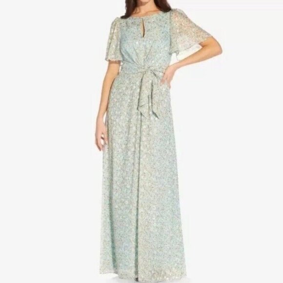NWT Adrianna Papell Maxi Dress Women 4 Blue Chiffon Floral Metallic NEW - Picture 1 of 9